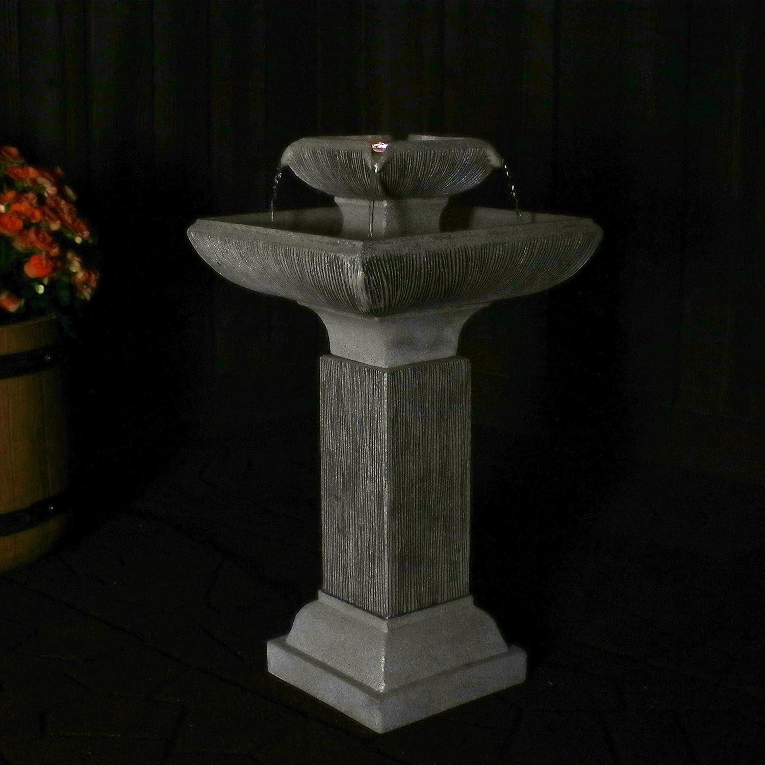 image:imageSunnydaze 25Inch Square 2Tier Outdoor Bird Bath Water Fountain LED Lights Electric Submersible Pump with Adjustable Flow