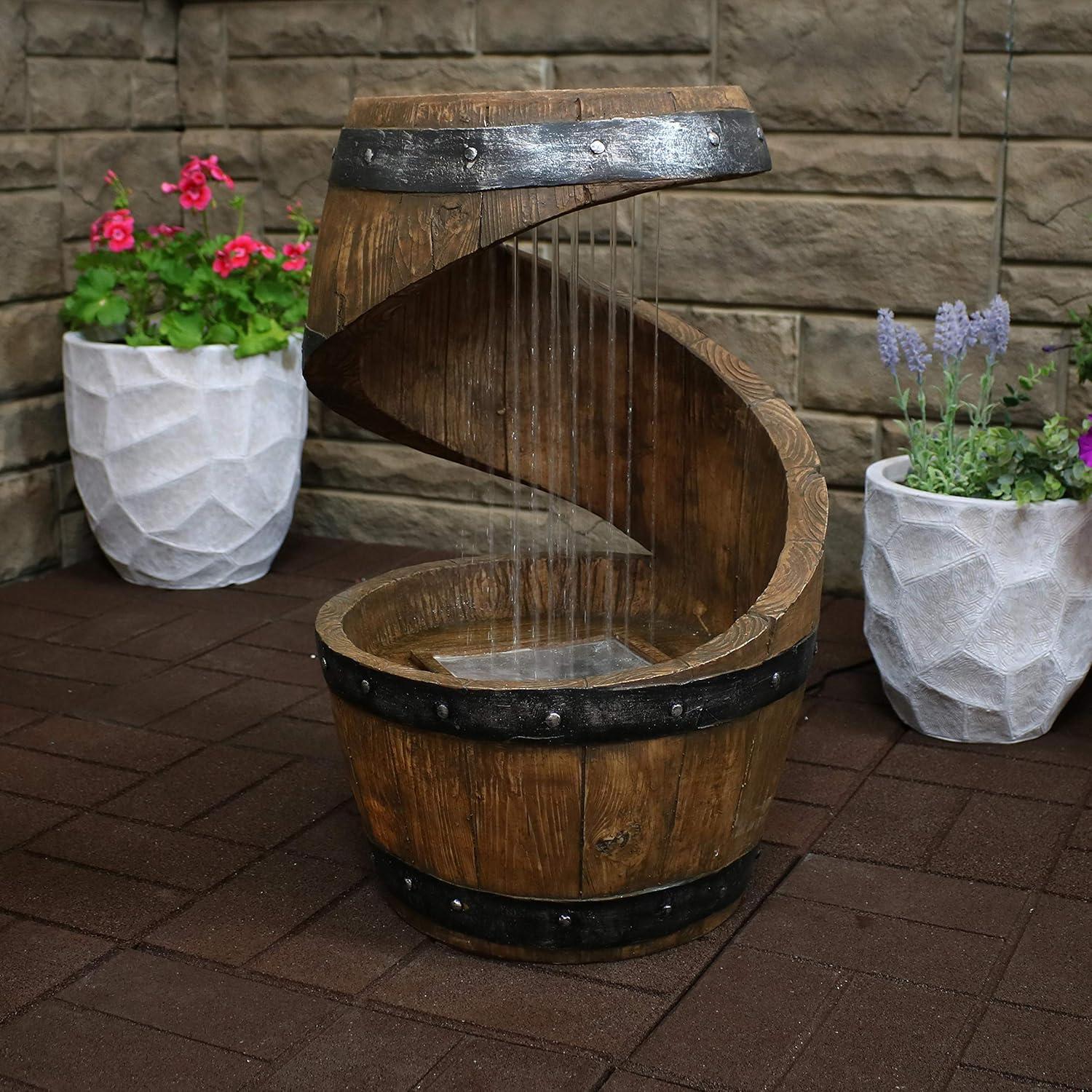 image:imageSunnydaze Spiraling Barrel 25Inch Outdoor Water Fountain with LED Lights Electric Submersible Pump with Adjustable Flow