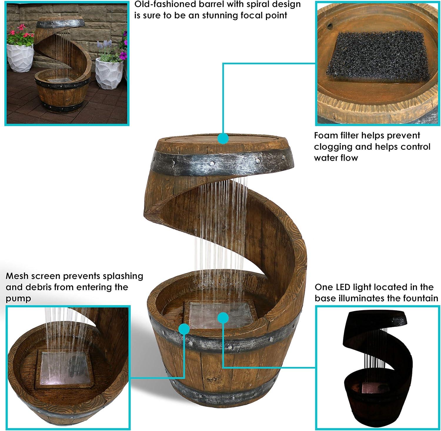 image:imageSunnydaze Spiraling Barrel 25Inch Outdoor Water Fountain with LED Lights Electric Submersible Pump with Adjustable Flow