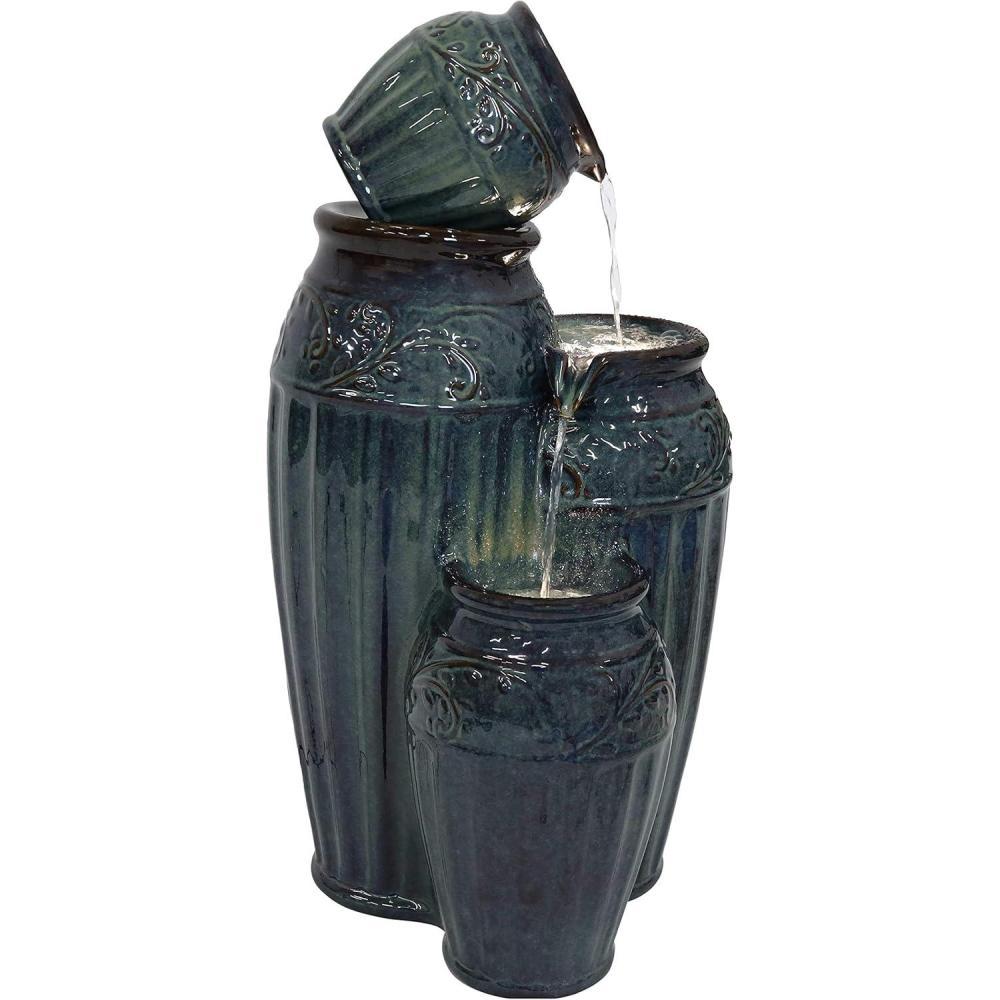 image:imageSunnydaze Tour de Vase Ceramic 27Inch Outdoor Water Fountain LED Lights Electric Submersible Pump with Adjustable Flow