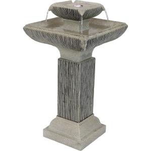 Sunnydaze 25-Inch Square 2-Tier Outdoor Bird Bath Water Fountain – LED Lights – Electric Submersible Pump with Adjustable Flow