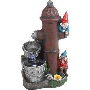 Sunnydaze Fire Hydrant Gnomes 16-Inch Outdoor Water Fountain with LED Light – Submersible Electric Pump – Polyresin
