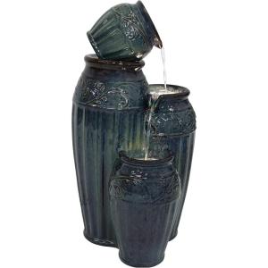 Sunnydaze Tour de Vase Ceramic 27-Inch Outdoor Water Fountain – LED Lights – Electric Submersible Pump with Adjustable Flow