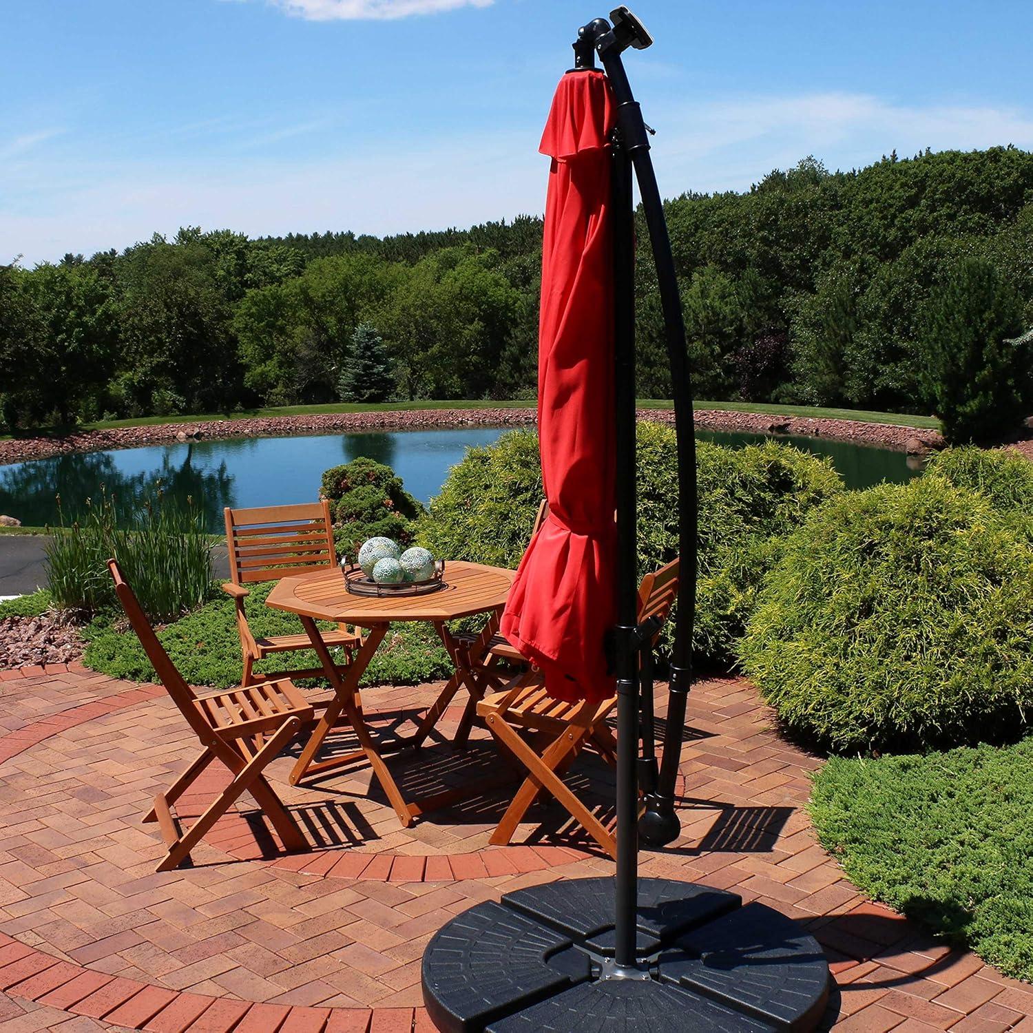 image:imageSunnydaze 10 Solar Offset Patio Umbrella Solar Cantilever Umbrella Outdoor with LED Lights Polyester Shade Air Vent amp Cross BaseCherry