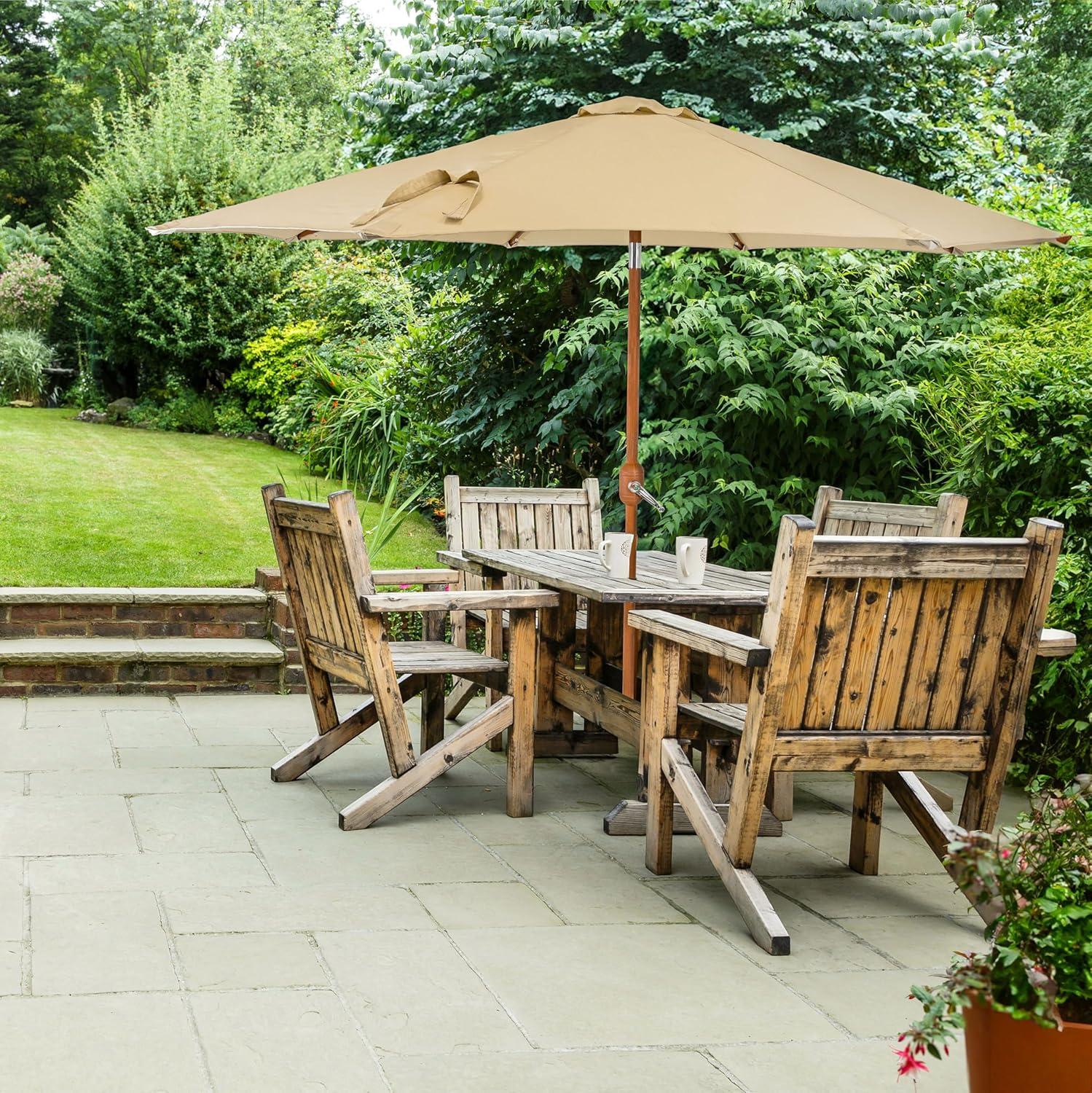image:imageSunnydaze 85 ft Outdoor Patio Umbrella with Push Button Tilt and Crank Faux Woodgrain Finish Large Vented Market UmbrellaBeige