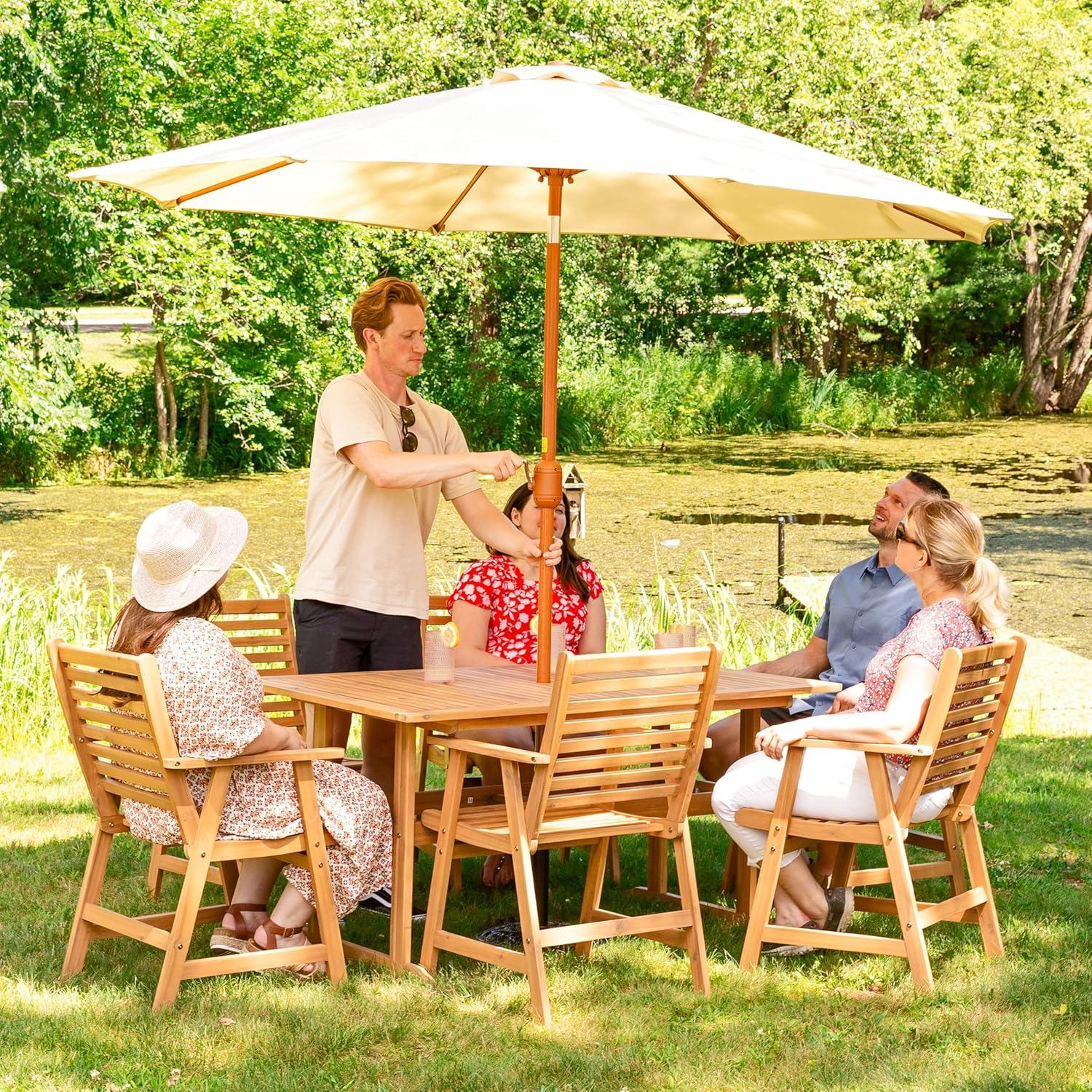 image:imageSunnydaze 85 ft Outdoor Patio Umbrella with Push Button Tilt and Crank Faux Woodgrain Finish Large Vented Market UmbrellaBeige