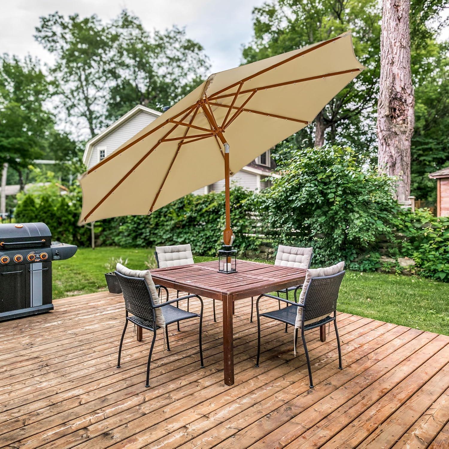 image:imageSunnydaze 85 ft Outdoor Patio Umbrella with Push Button Tilt and Crank Faux Woodgrain Finish Large Vented Market UmbrellaBeige