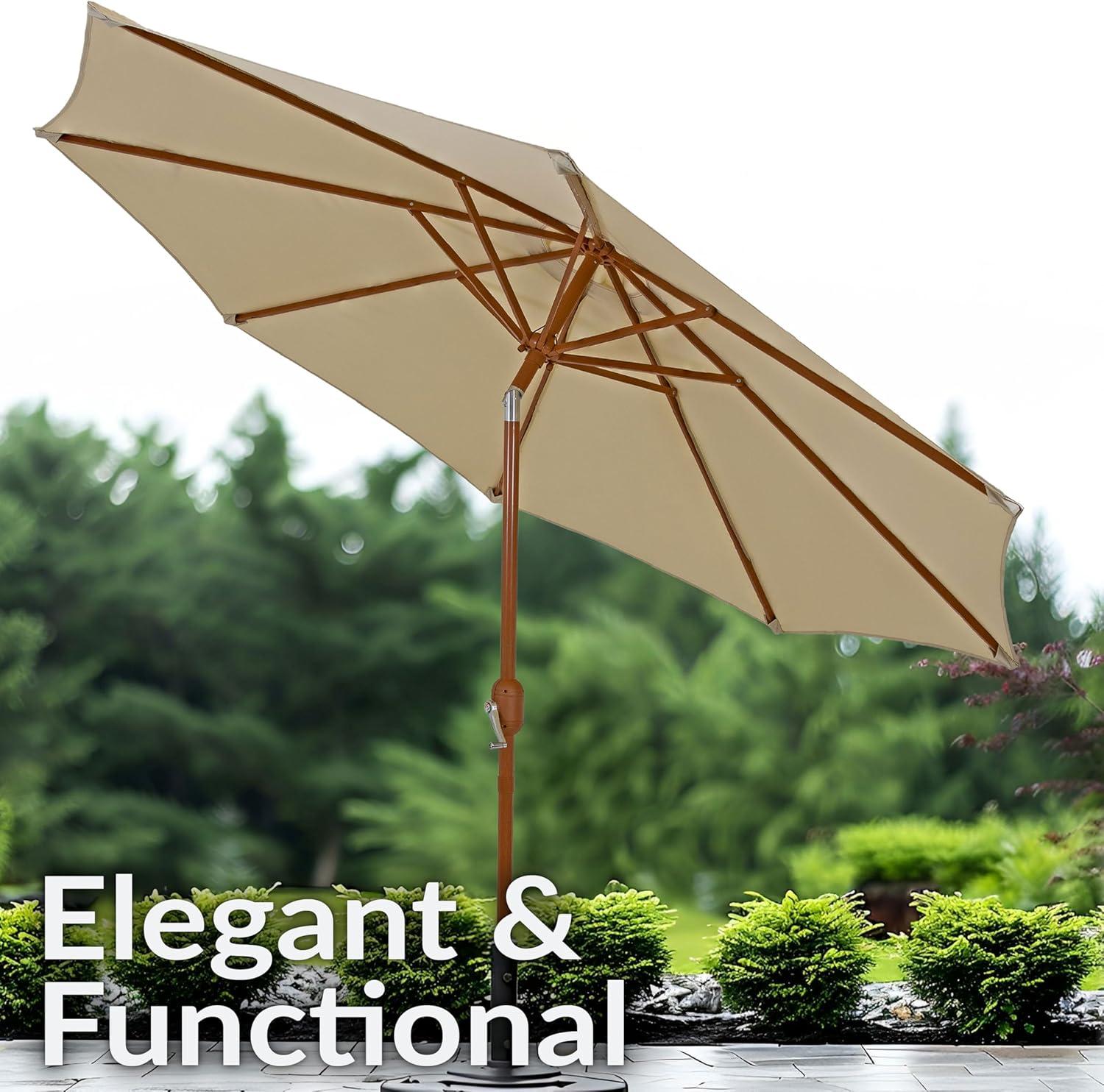 image:imageSunnydaze 85 ft Outdoor Patio Umbrella with Push Button Tilt and Crank Faux Woodgrain Finish Large Vented Market UmbrellaBeige