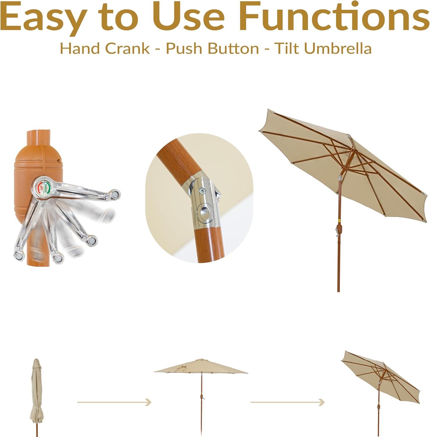 image:imageSunnydaze 85 ft Outdoor Patio Umbrella with Push Button Tilt and Crank Faux Woodgrain Finish Large Vented Market UmbrellaBeige