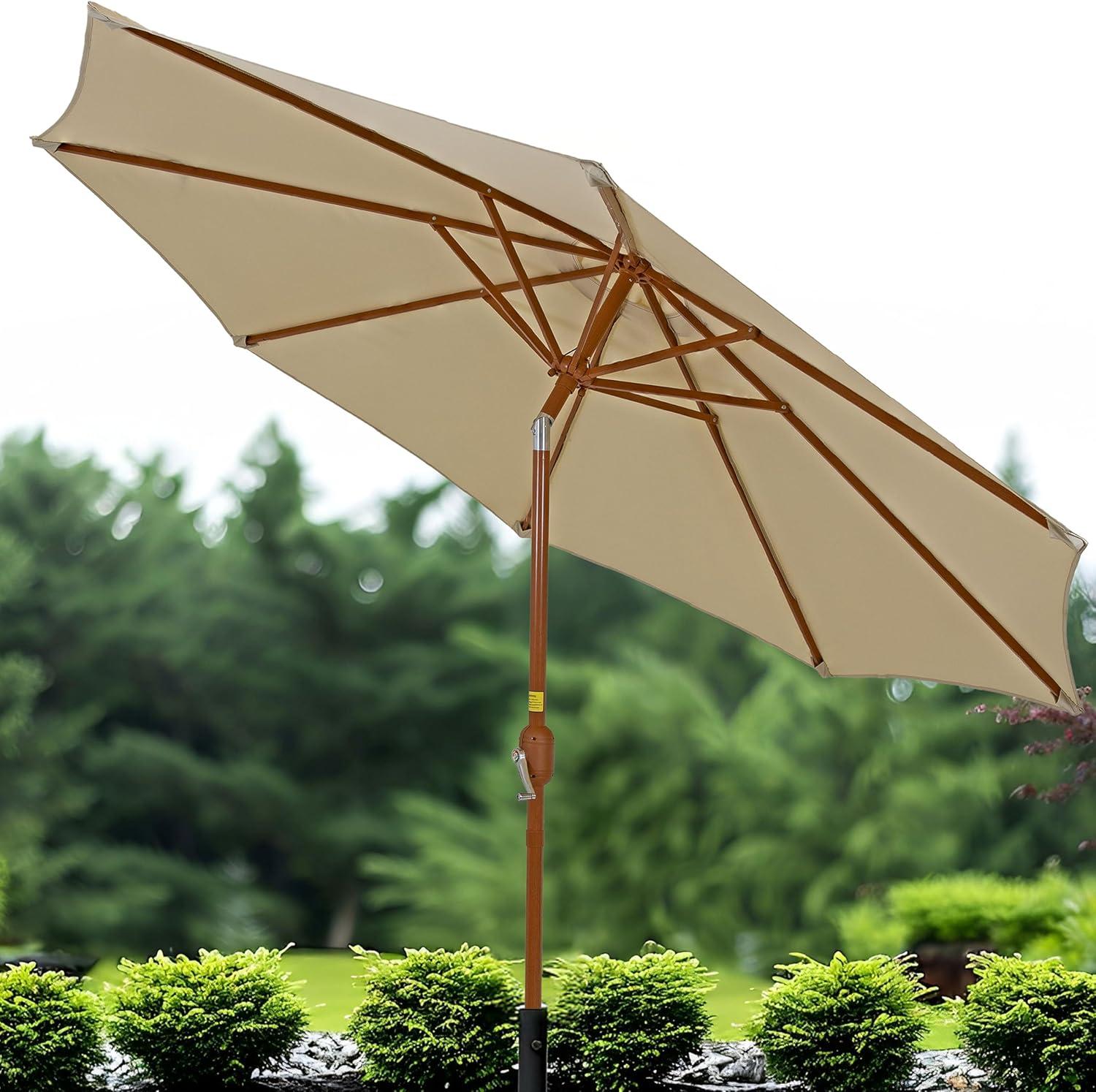 image:imageSunnydaze 85 ft Outdoor Patio Umbrella with Push Button Tilt and Crank Faux Woodgrain Finish Large Vented Market UmbrellaBeige