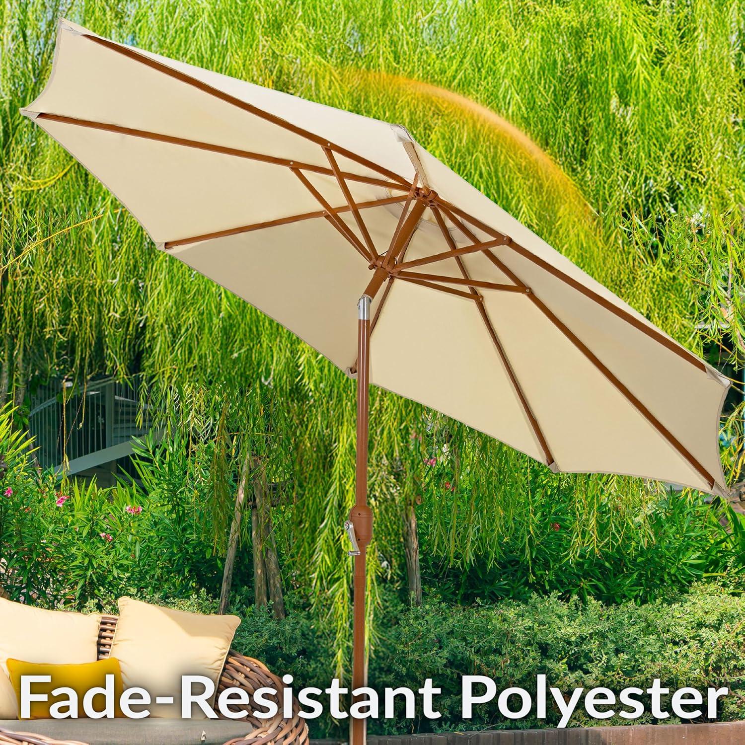 image:imageSunnydaze 85 ft Outdoor Patio Umbrella with Push Button Tilt and Crank Faux Woodgrain Finish Large Vented Market UmbrellaBeige