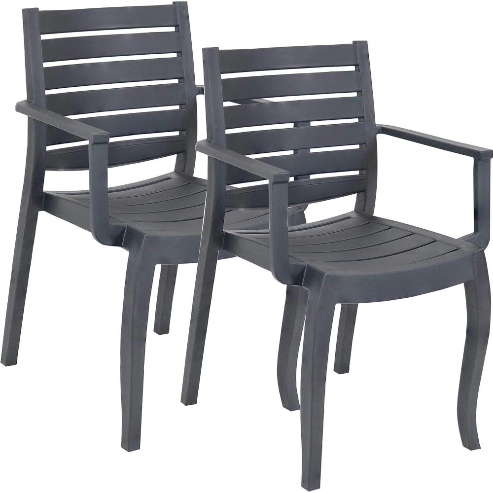 image:imageSunnydaze Illias Plastic Outdoor Patio Arm Chair  Set of 2  Stackable Seating  GrayGrey