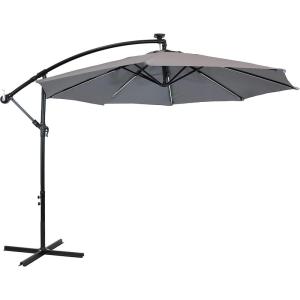 Sunnydaze 10′ Solar Offset Patio Umbrella – Solar Cantilever Umbrella Outdoor with LED Lights – Polyester Shade, Air Vent, & Cross Base(Smoke)