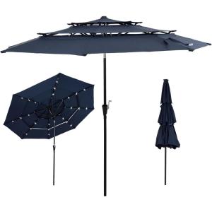 Sunnydaze 10 ft Outdoor Umbrella for Patio – Vented 3-Tier Outdoor Patio Umbrella – Wind-Resistant, Tilt and Crank – For Pool, Garden, or Yard – Navy Blue(With Solar Lights)