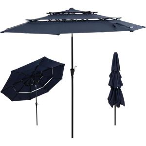 Sunnydaze 10 ft Outdoor Umbrella for Patio – Vented 3-Tier Outdoor Patio Umbrella – Wind-Resistant, Tilt and Crank – For Pool, Garden, or Yard – Navy Blue(Without Lights)