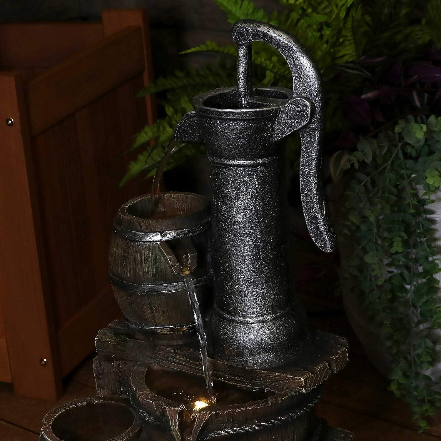 image:imageSunnydaze Cozy Farmhouse Pump and Barrels 23Inch Outdoor Fountain with LED Lights Polyresin Electric Submersible Pump