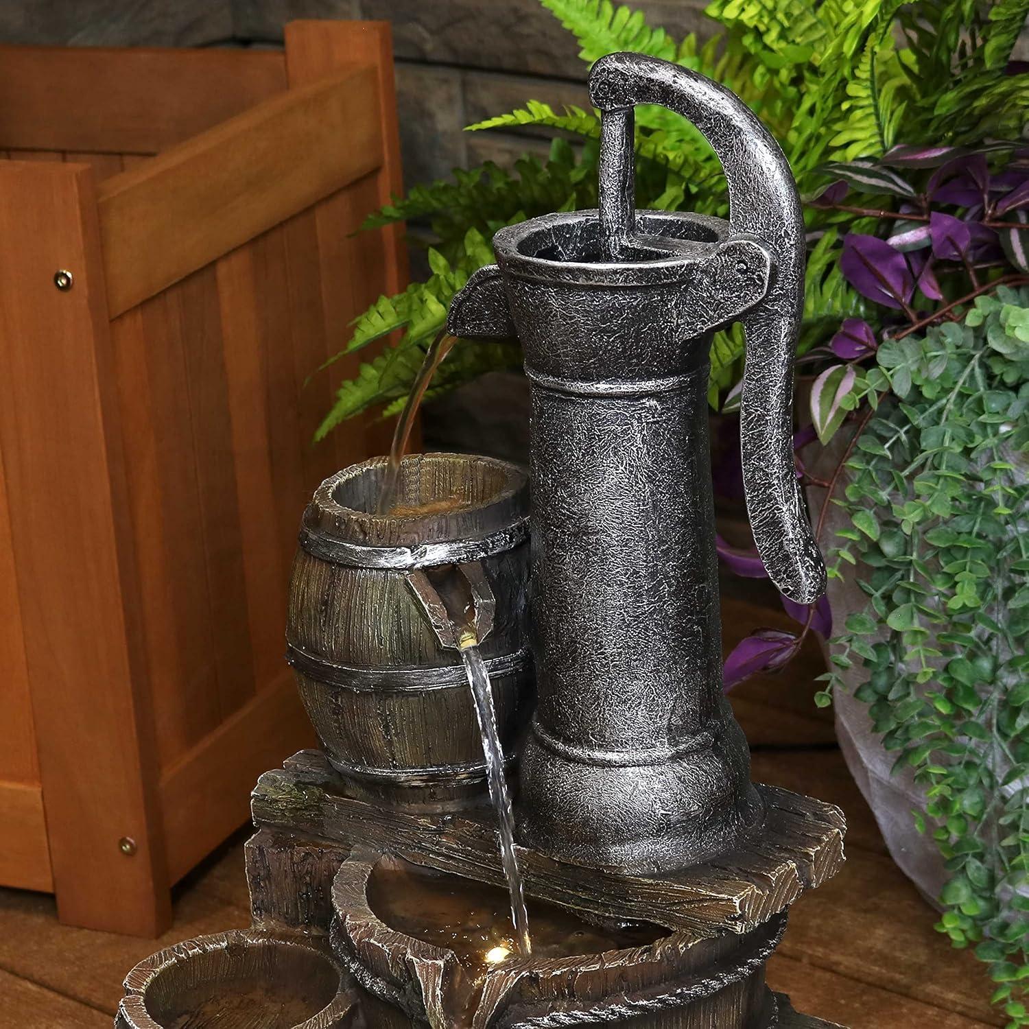 image:imageSunnydaze Cozy Farmhouse Pump and Barrels 23Inch Outdoor Fountain with LED Lights Polyresin Electric Submersible Pump