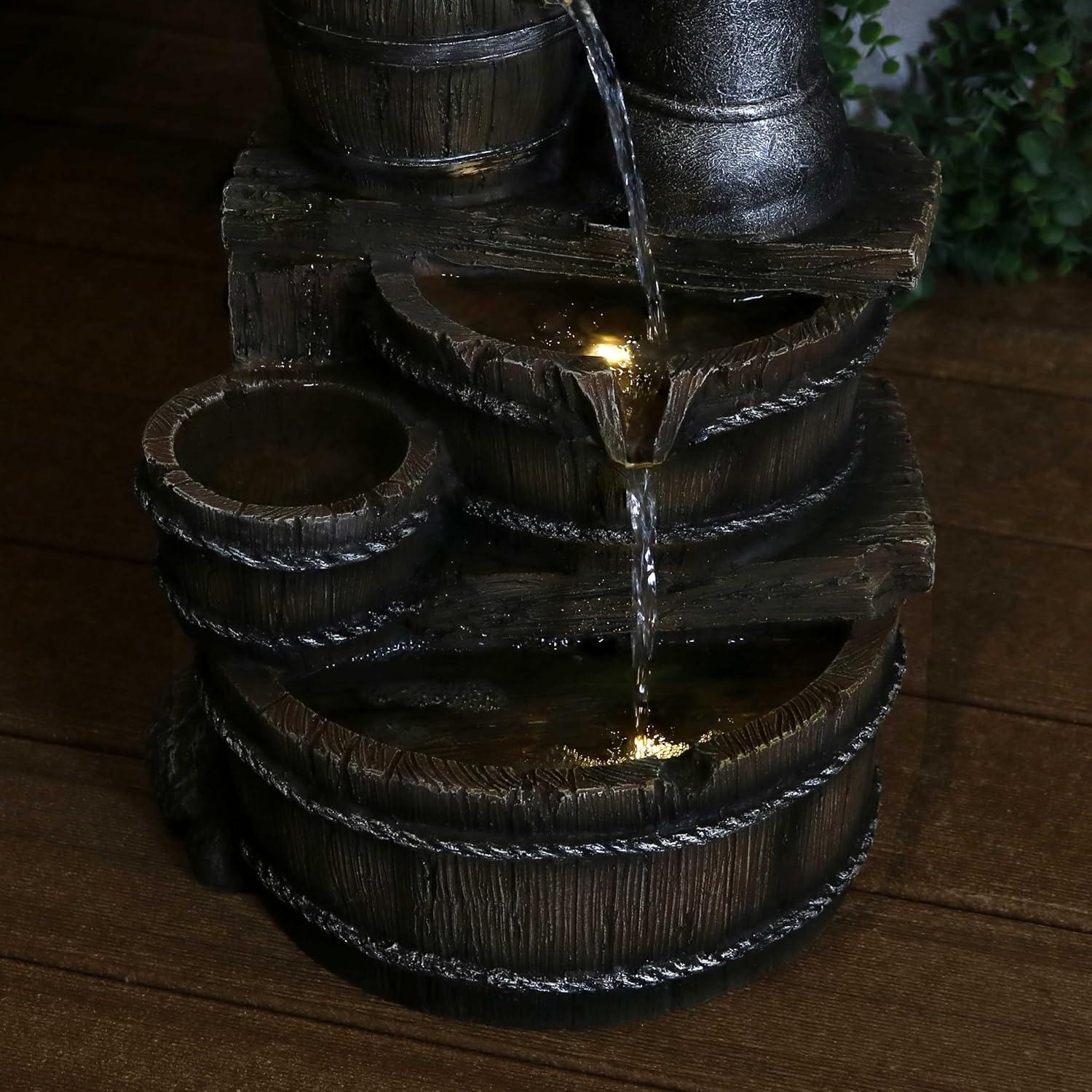 image:imageSunnydaze Cozy Farmhouse Pump and Barrels 23Inch Outdoor Fountain with LED Lights Polyresin Electric Submersible Pump