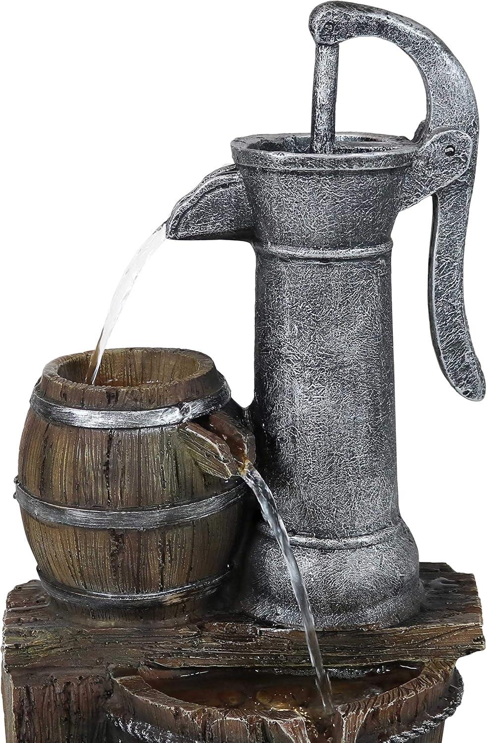 image:imageSunnydaze Cozy Farmhouse Pump and Barrels 23Inch Outdoor Fountain with LED Lights Polyresin Electric Submersible Pump