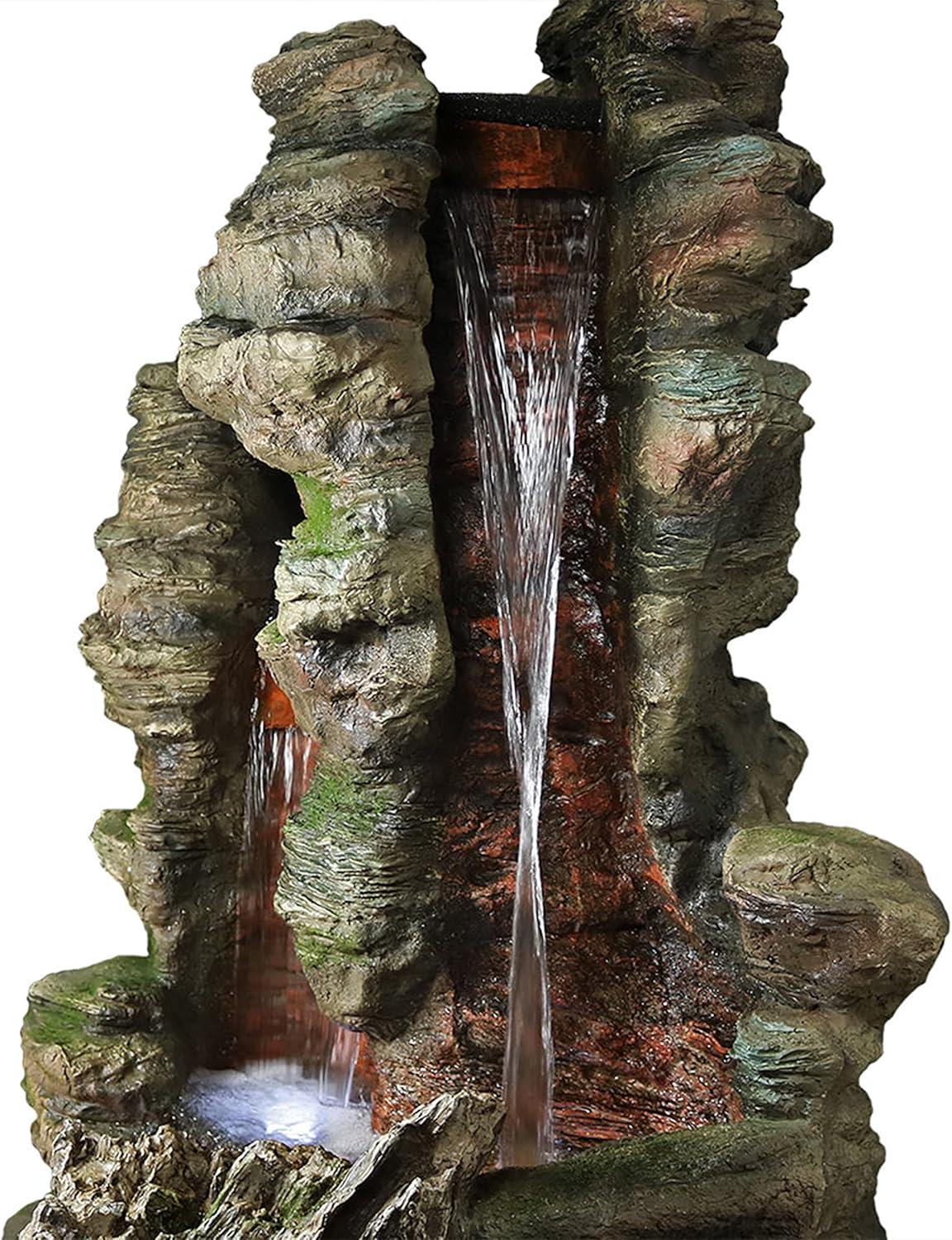 image:imageSunnydaze Flat Rock Summit 61Inch Outdoor Water Fountain LED Lights Electric Submersible Pump Polyresin Material Brown