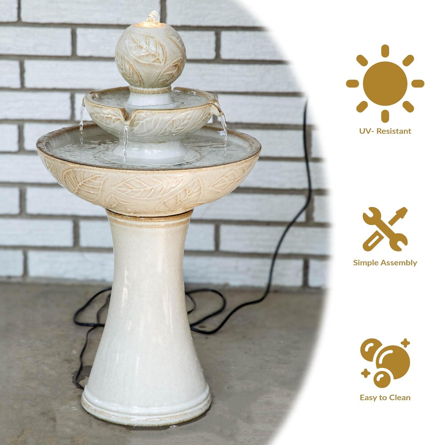 image:imageSunnydaze Gentle Glow 265 H 2Tier Ceramic Outdoor Fountain with LED Light Tiered Water Feature with Electric Pump OffWhite