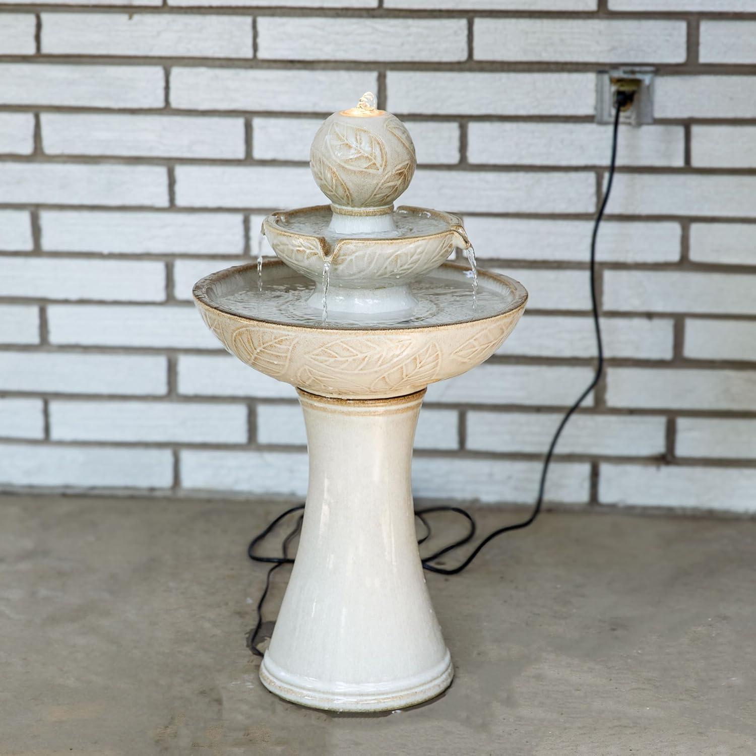 image:imageSunnydaze Gentle Glow 265 H 2Tier Ceramic Outdoor Fountain with LED Light Tiered Water Feature with Electric Pump OffWhite