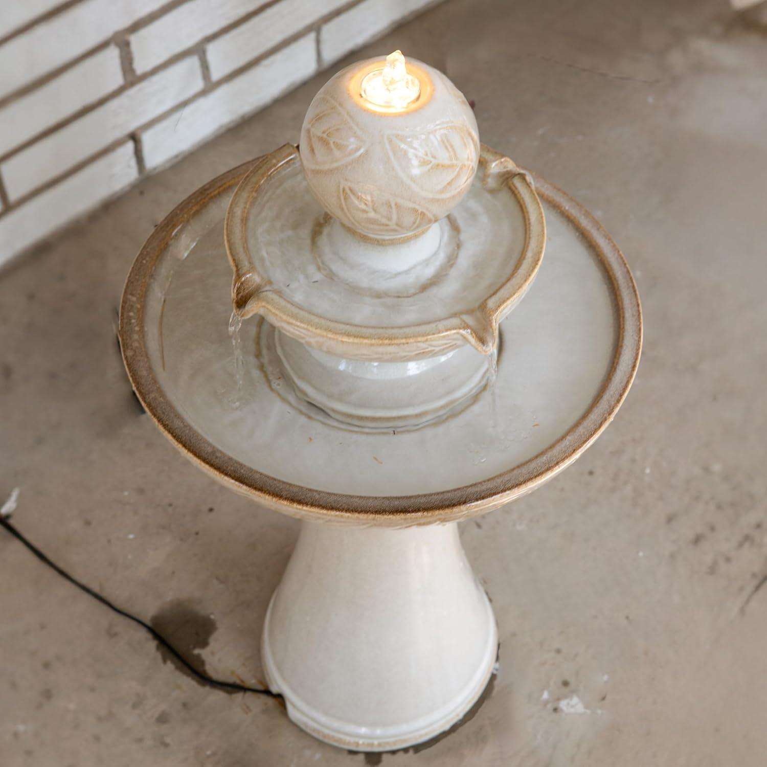 image:imageSunnydaze Gentle Glow 265 H 2Tier Ceramic Outdoor Fountain with LED Light Tiered Water Feature with Electric Pump OffWhite