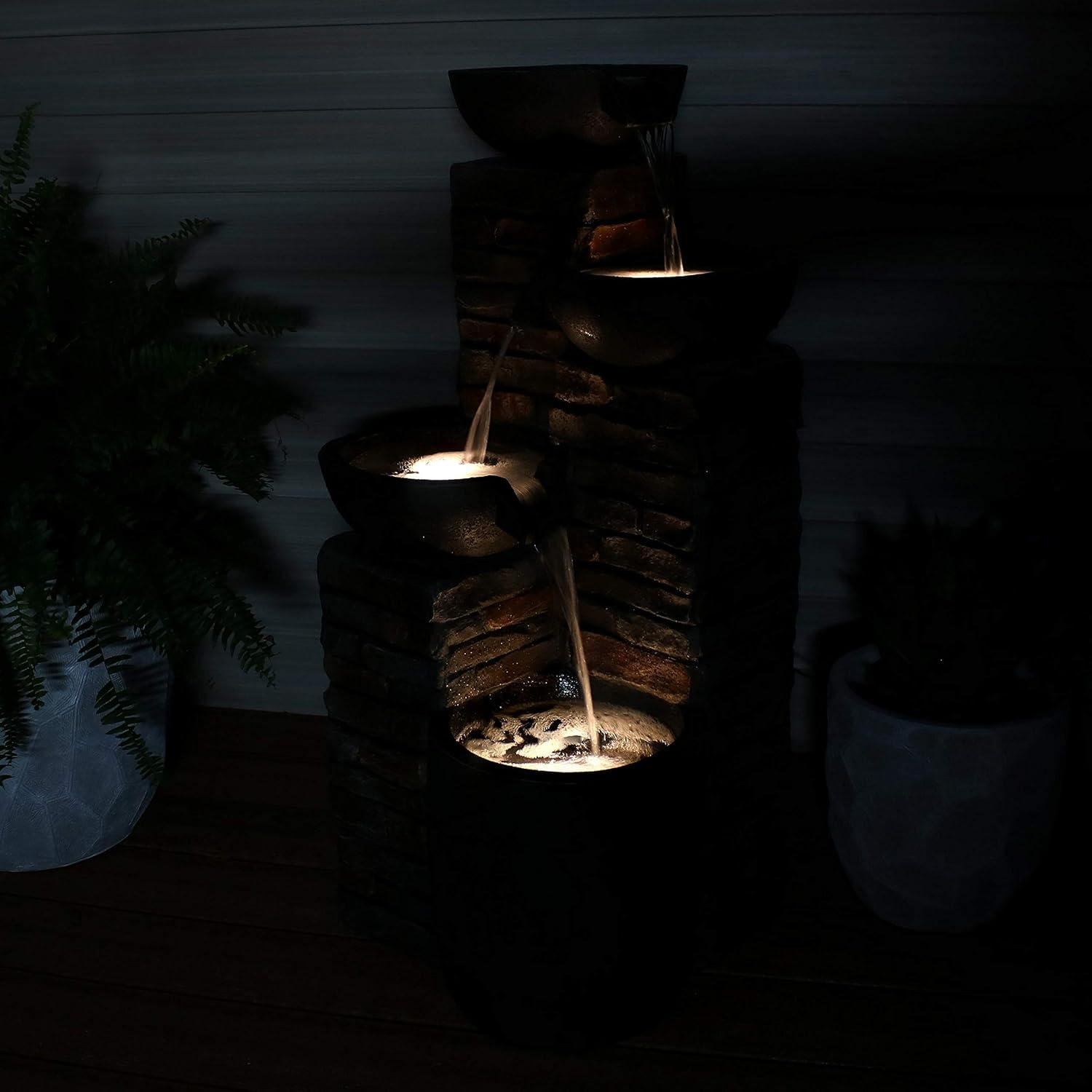 image:imageSunnydaze Staggered Bowls 34Inch Outdoor Water Fountain LED Lights Electric Submersible Pump with Adjustable Flow