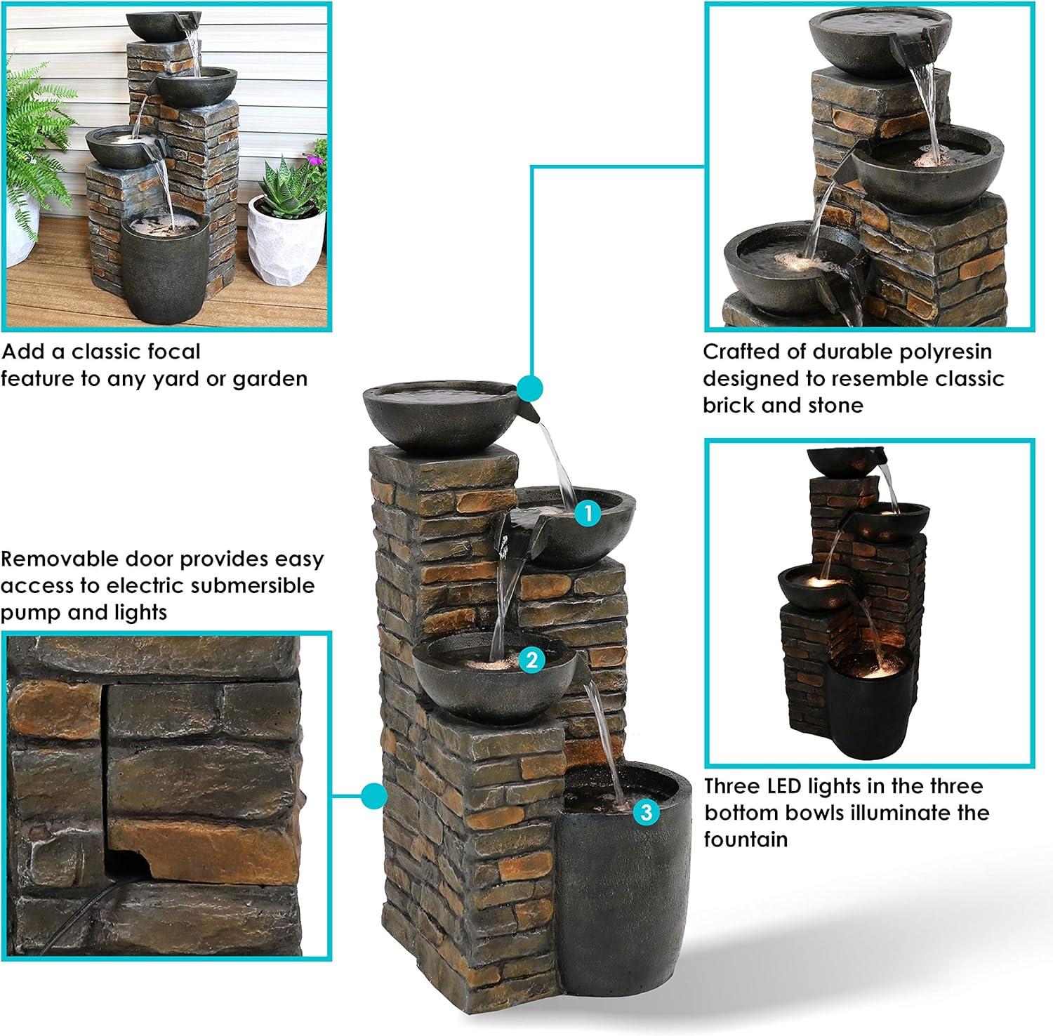 image:imageSunnydaze Staggered Bowls 34Inch Outdoor Water Fountain LED Lights Electric Submersible Pump with Adjustable Flow