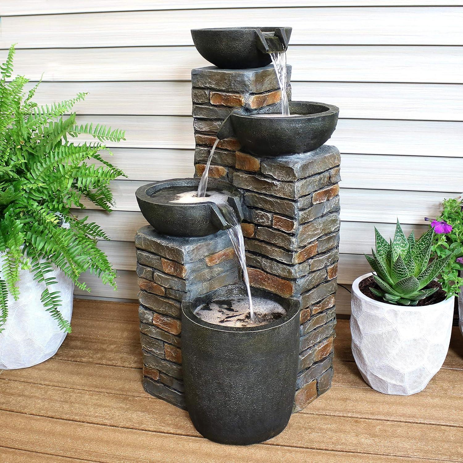 image:imageSunnydaze Staggered Bowls 34Inch Outdoor Water Fountain LED Lights Electric Submersible Pump with Adjustable Flow