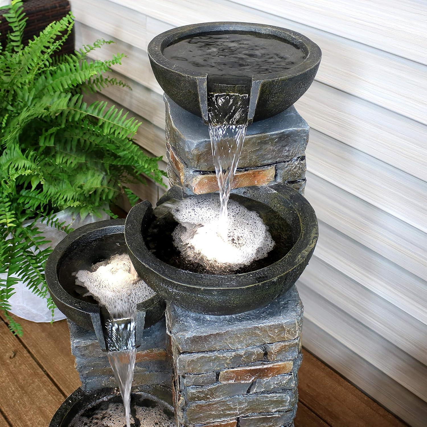 image:imageSunnydaze Staggered Bowls 34Inch Outdoor Water Fountain LED Lights Electric Submersible Pump with Adjustable Flow