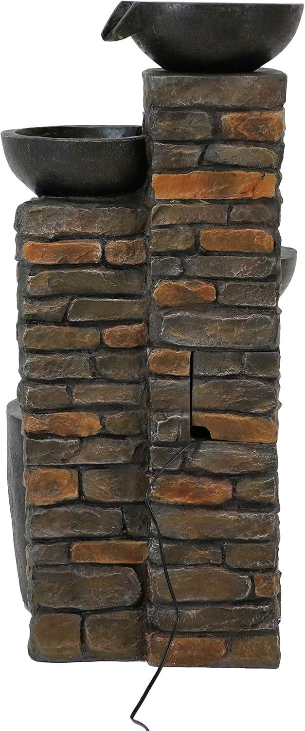 image:imageSunnydaze Staggered Bowls 34Inch Outdoor Water Fountain LED Lights Electric Submersible Pump with Adjustable Flow