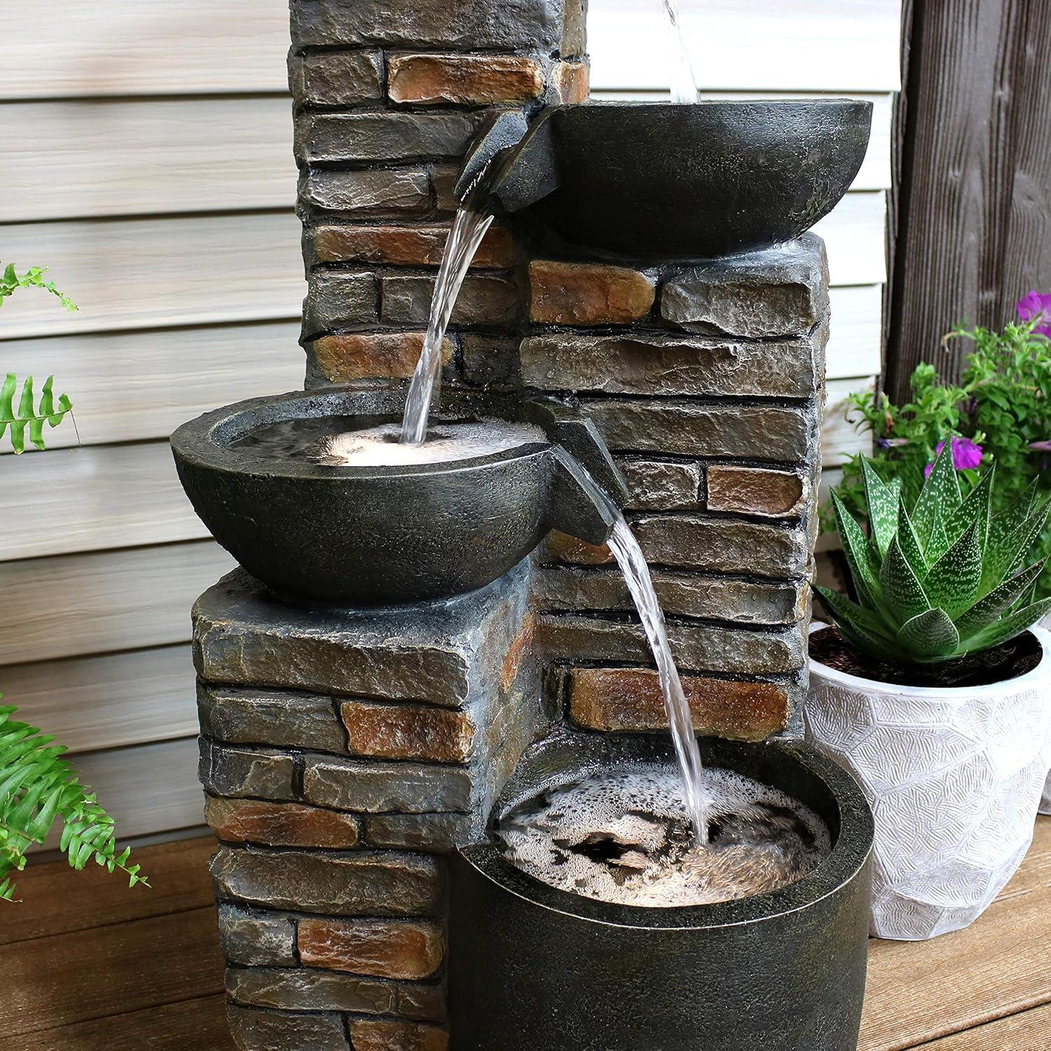 image:imageSunnydaze Staggered Bowls 34Inch Outdoor Water Fountain LED Lights Electric Submersible Pump with Adjustable Flow