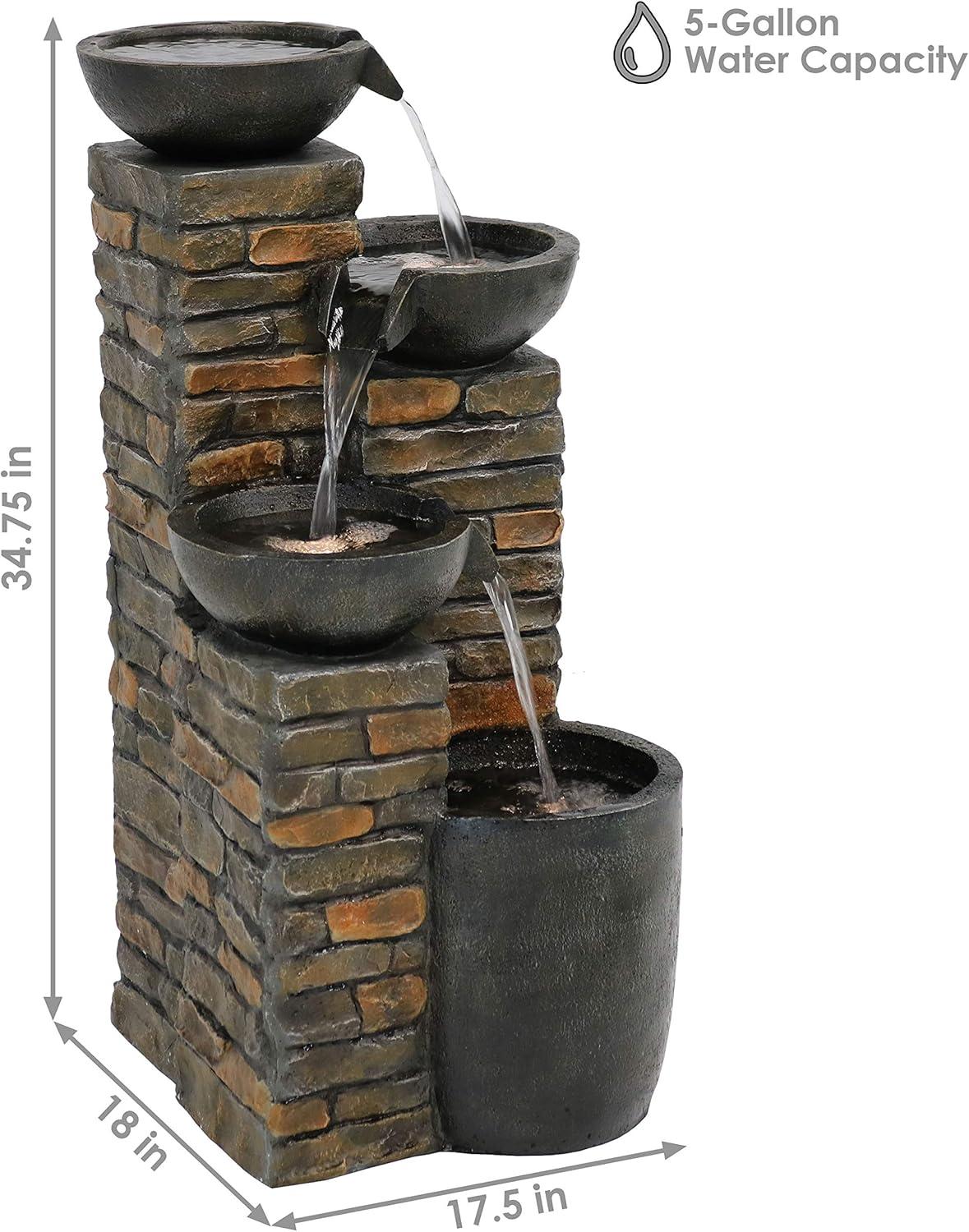 image:imageSunnydaze Staggered Bowls 34Inch Outdoor Water Fountain LED Lights Electric Submersible Pump with Adjustable Flow