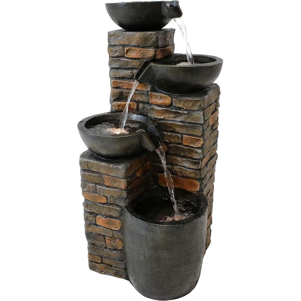 image:imageSunnydaze Staggered Bowls 34Inch Outdoor Water Fountain LED Lights Electric Submersible Pump with Adjustable Flow