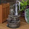 Sunnydaze Cozy Farmhouse Pump and Barrels 23-Inch Outdoor Fountain with LED Lights – Polyresin – Electric Submersible Pump