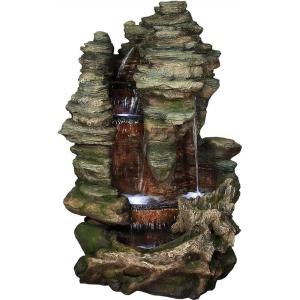 Sunnydaze Flat Rock Summit 61-Inch Outdoor Water Fountain – LED Lights – Electric Submersible Pump – Polyresin Material Brown