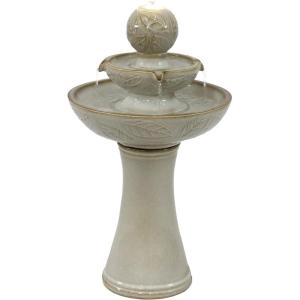 Sunnydaze Gentle Glow 26.5″ H 2-Tier Ceramic Outdoor Fountain with LED Light – Tiered Water Feature with Electric Pump – Off-White