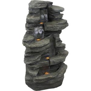 Sunnydaze Stacked Shale Rock 38-Inch Waterfall Fountain with LED Lights – Electric Submersible Pump