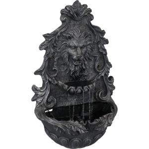 Sunnydaze Stoic Courage Lion Head 30-Inch Polystone Solar Wall Water Fountain with Battery Backup
