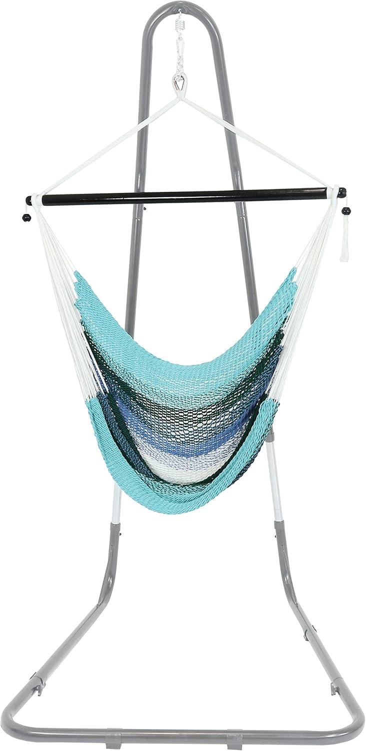 image:imageSunnydaze Caribbean XL Hanging Outdoor Hammock Chair SoftSpun Polyester Rope 300Pound Capacity Lagoon Stripes Blue