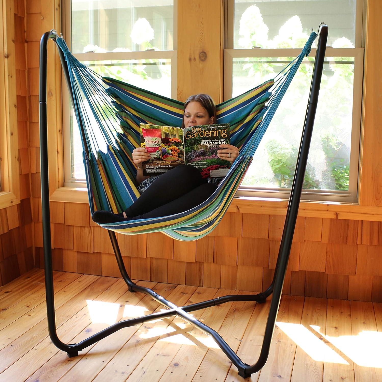 image:imageSunnydaze Hanging Hammock Chair with SpaceSaving Stand for Indoor or Outdoor Use 330Pound Capacity SunsetOcean Breeze