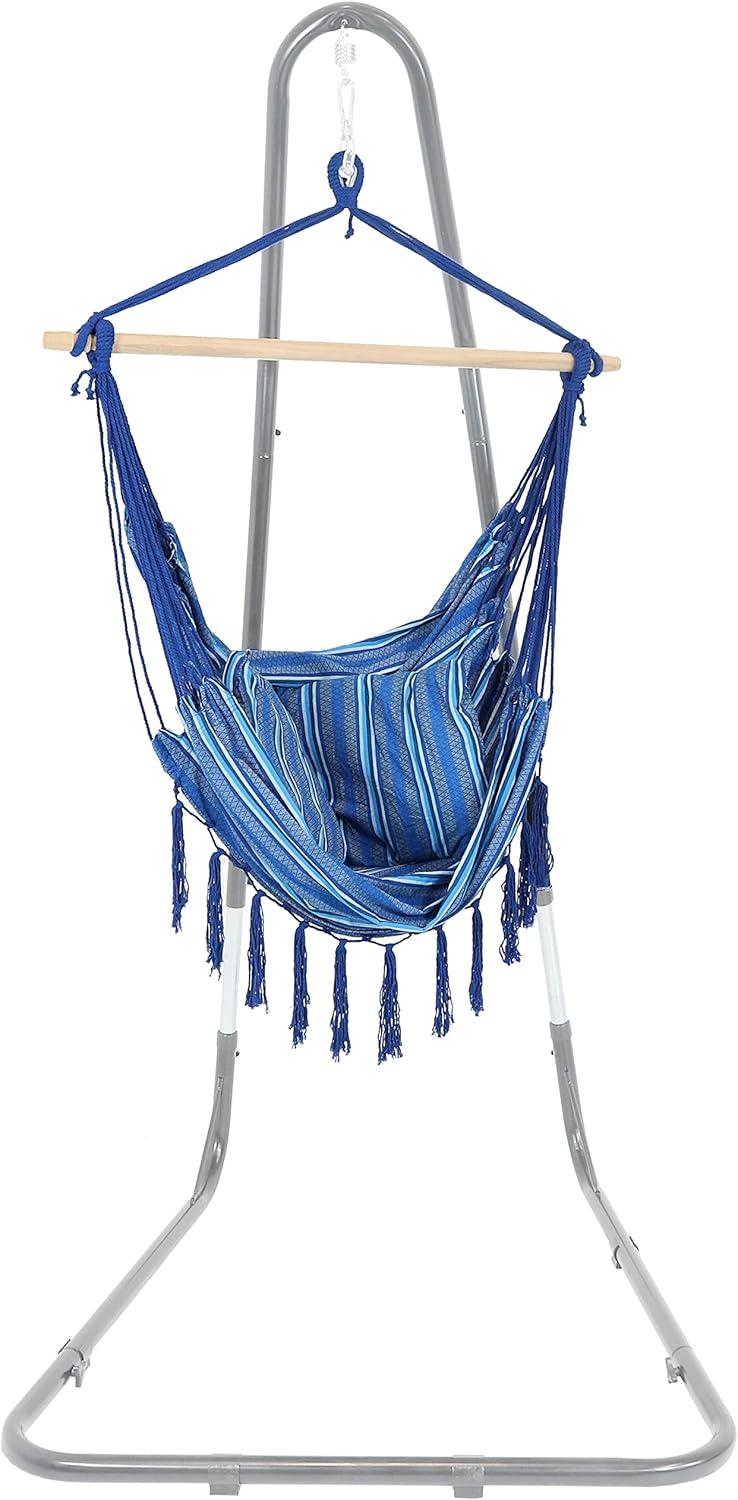 image:imageSunnydaze Indoor or Outdoor Hanging Hammock Chair with Cushions Fabric with Tassels 265Pound Capacity Cornflower Stripes