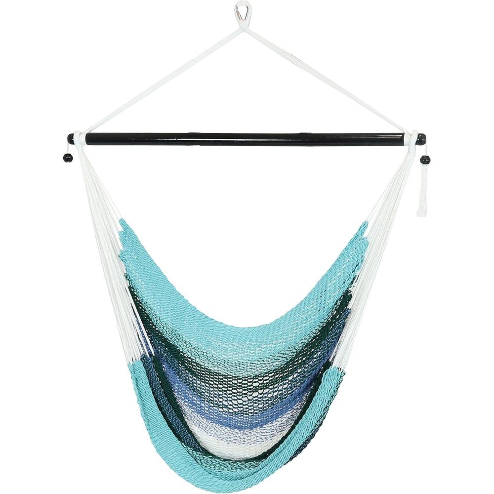 image:imageSunnydaze Caribbean XL Hanging Outdoor Hammock Chair  SoftSpun Polyester Rope  300Pound Capacity  Lagoon Stripes Blue