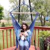Sunnydaze Indoor or Outdoor Hanging Hammock Chair with Cushions – Fabric with Tassels – 265-Pound Capacity – Cornflower Stripes