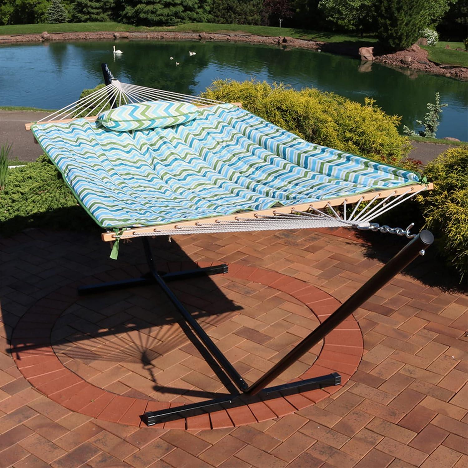 image:imageSunnydaze Rope Hammock with Stand for Outside 275Pound Capacity Includes 12Foot Hammock Stand Spreader Bar Pad and Pillow Modern LinesBlue Green Chevron
