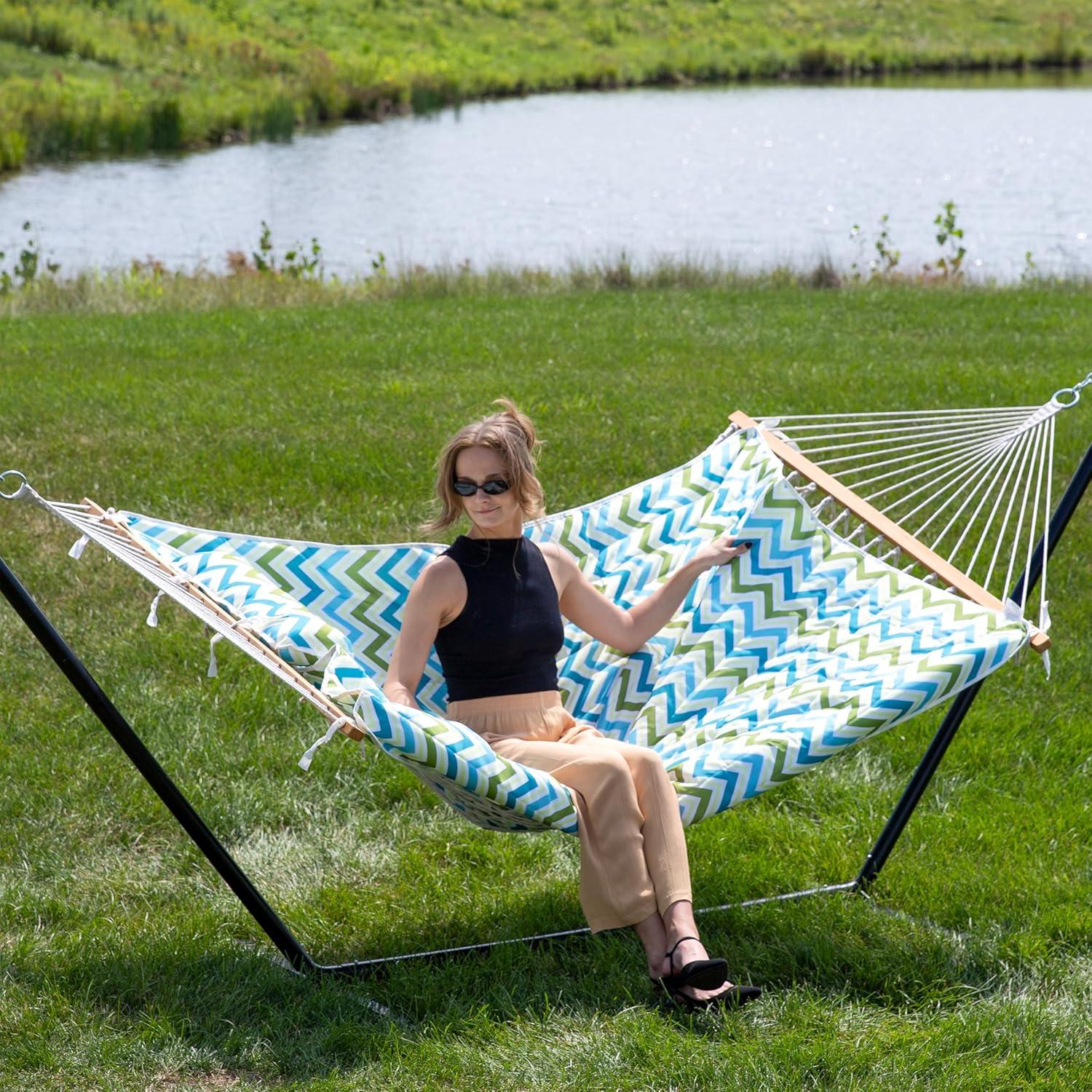 image:imageSunnydaze Rope Hammock with Stand for Outside 275Pound Capacity Includes 12Foot Hammock Stand Spreader Bar Pad and Pillow Modern LinesBlue Green Chevron