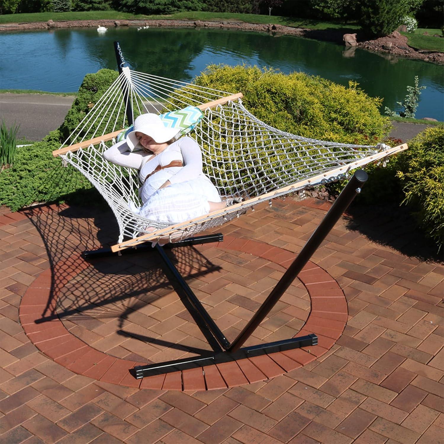 image:imageSunnydaze Rope Hammock with Stand for Outside 275Pound Capacity Includes 12Foot Hammock Stand Spreader Bar Pad and Pillow Modern LinesBlue Green Chevron