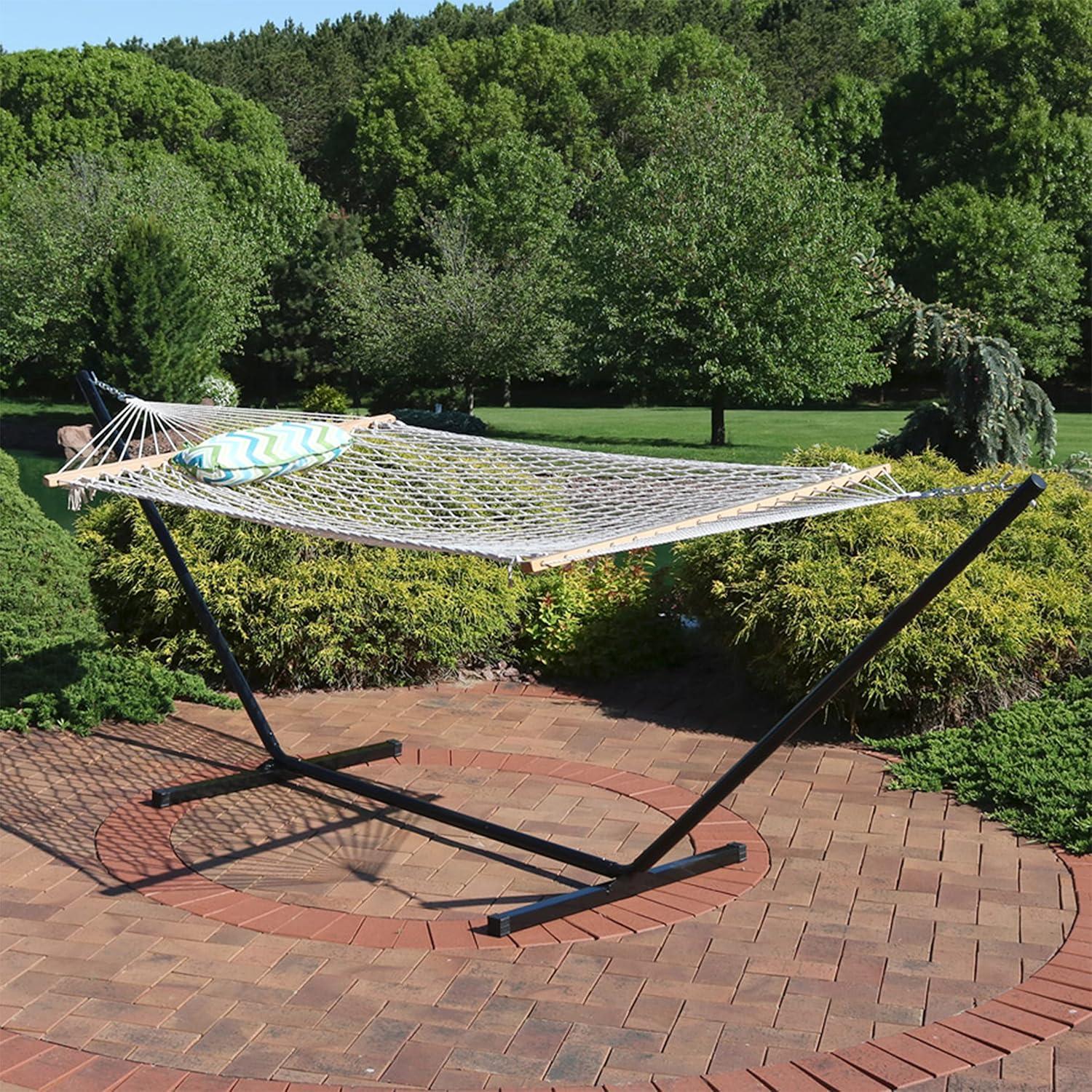 image:imageSunnydaze Rope Hammock with Stand for Outside 275Pound Capacity Includes 12Foot Hammock Stand Spreader Bar Pad and Pillow Modern LinesBlue Green Chevron