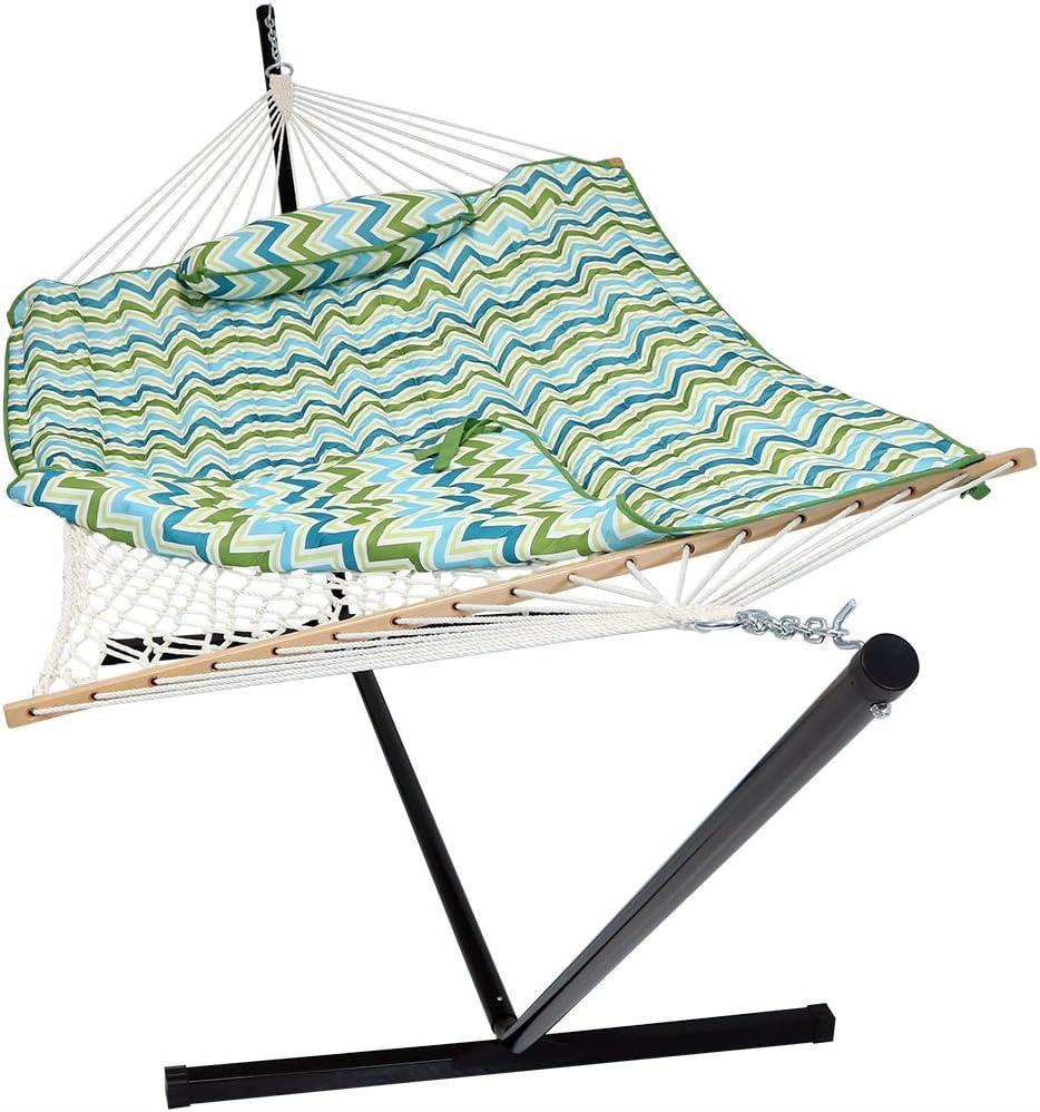 image:imageSunnydaze Rope Hammock with Stand for Outside 275Pound Capacity Includes 12Foot Hammock Stand Spreader Bar Pad and Pillow Modern LinesBlue Green Chevron